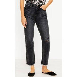 LOFT The Curvy Straight Crop Distressed Washed Black Raw Hem Jeans Size 14